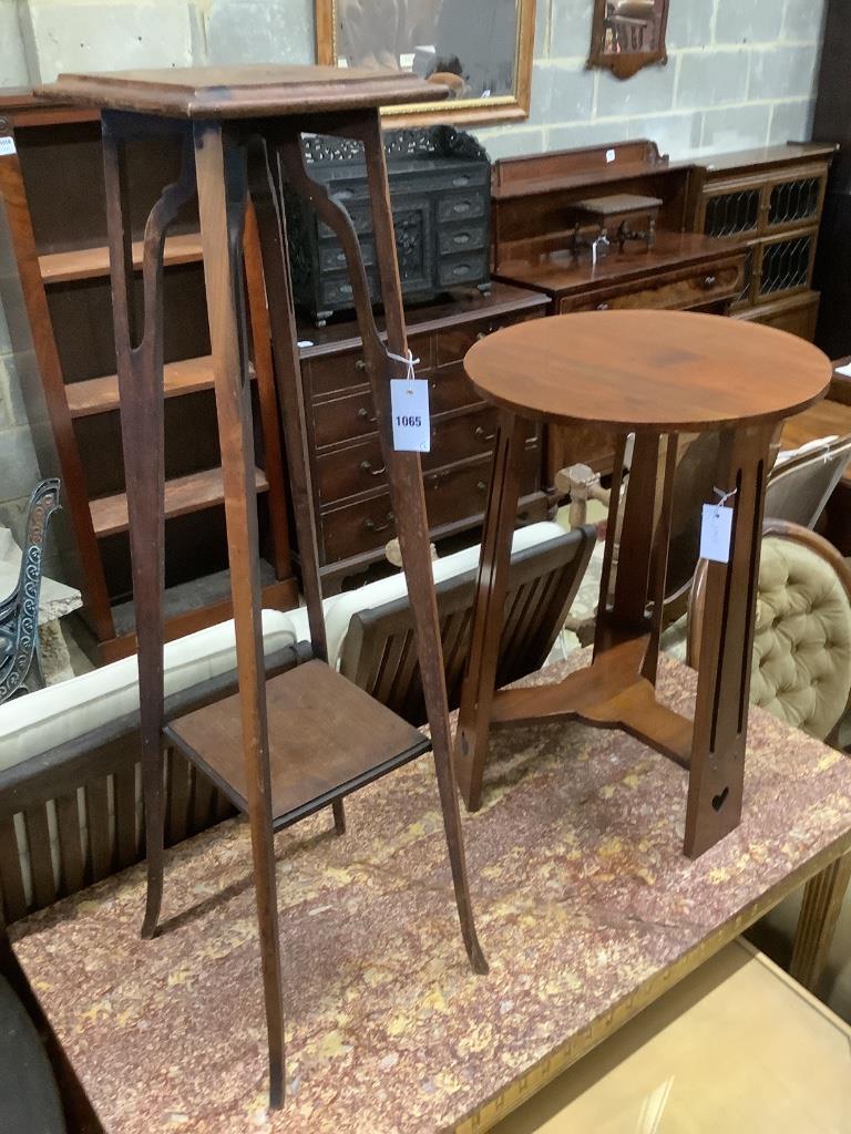 An Edwardian inlaid beech jardiniere stand and a walnut occasional table